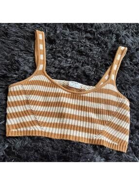 Cotton On Striped Knit Crop Top XS Camel Brown White Ribbed Sleeveless Bralette